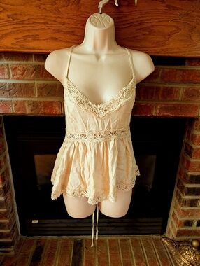 Crochet Trim Spaghetti Adjustable Strap Peplum Top - Cream Size Large